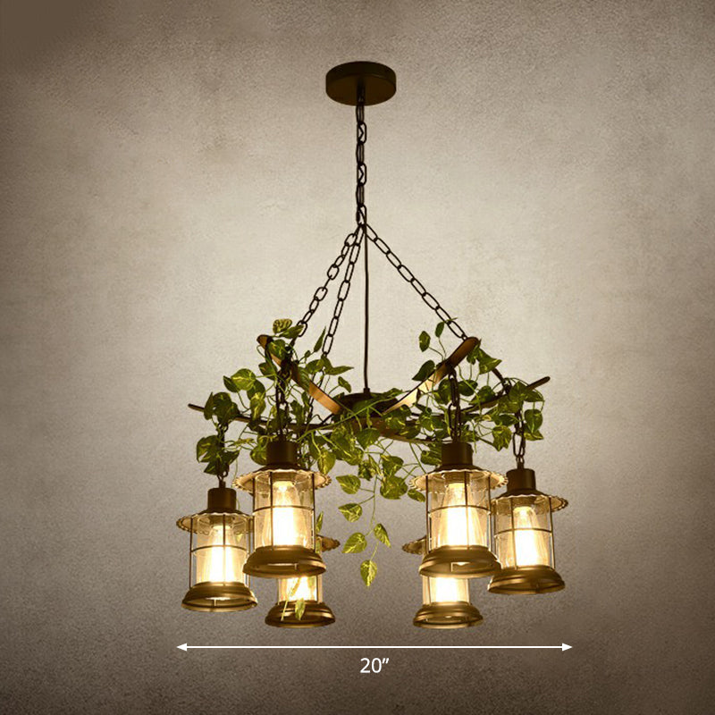 Industrial Style Lantern Chandelier Clear Glass Suspension Light in Black with Green Vine Decoration