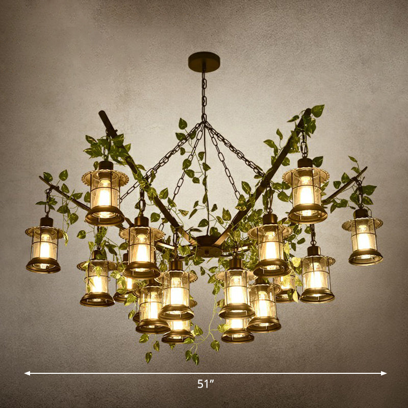 Industrial Style Lantern Chandelier Clear Glass Suspension Light in Black with Green Vine Decoration