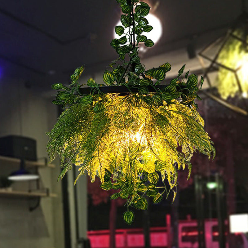 Wagon Wheel Iron Pendant Lighting Industrial Bistro Hanging Chandelier with Artificial Plant in Green