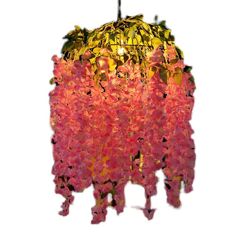 Alambre de hierro pájaro lámpara lámpara de araña de granja 1 cabezal bistro luz colgante con flor artificial