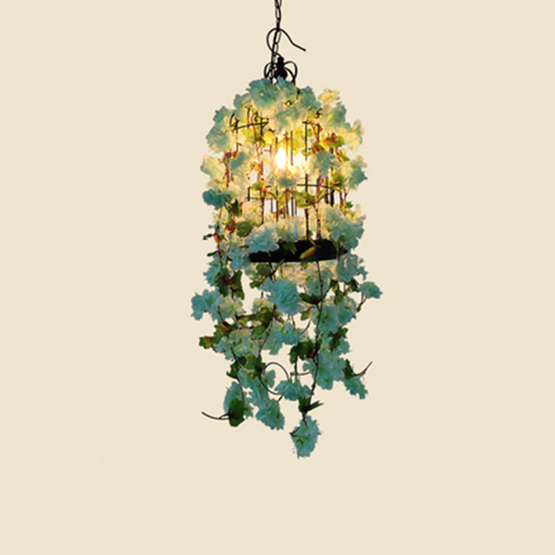 Iron Wire Birdcage Chandelier Lamp Farmhouse 1 Head Bistro Pendant Light with Artificial Flower