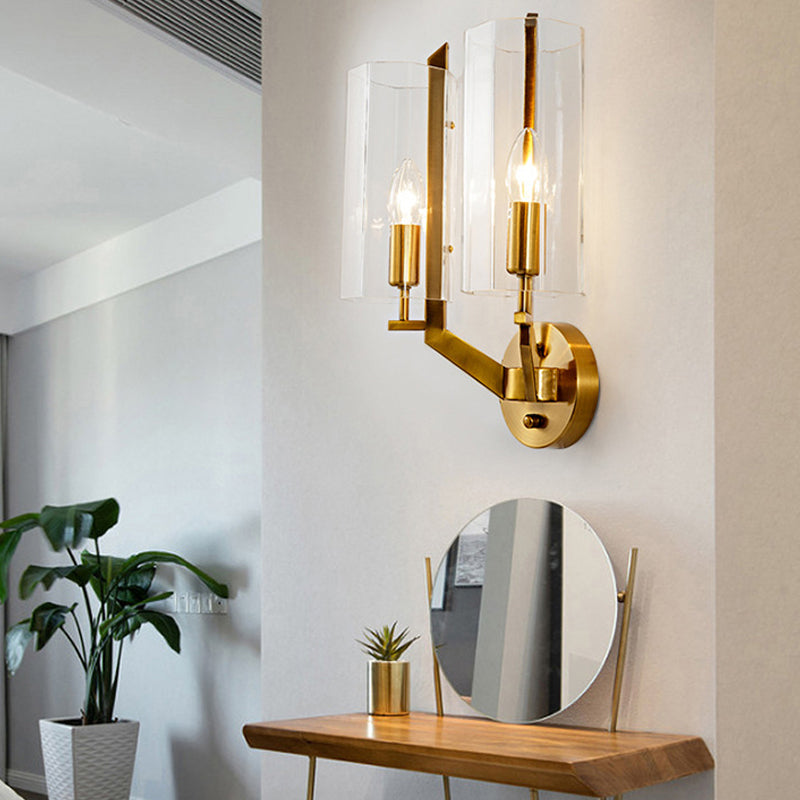 1/2 Bulbs Tube Sconce Lamp Tradition Clear Glass Wall Lighting Fixture in Gold for Bedside
