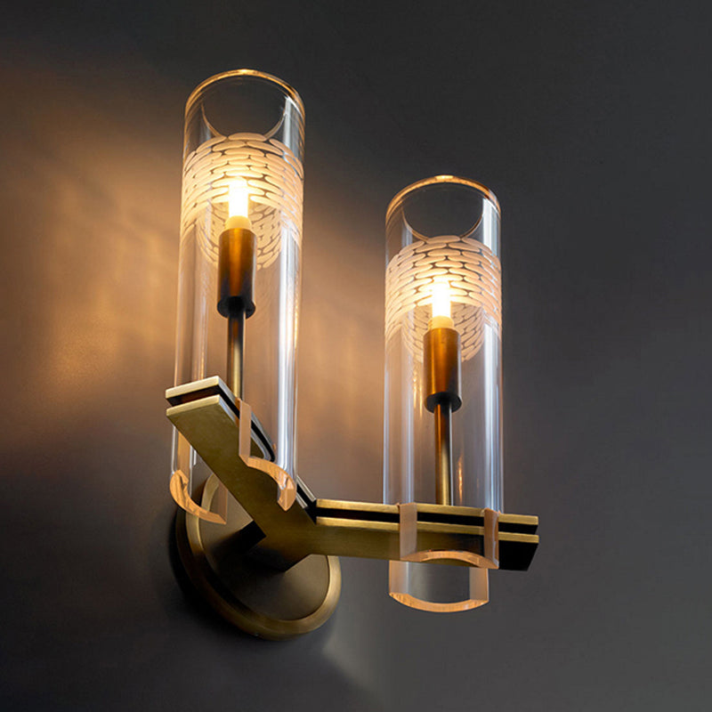 Moup de tube traditionnel Éclairage en verre transparent 1/2 têtes lampe murale en or pour le salon