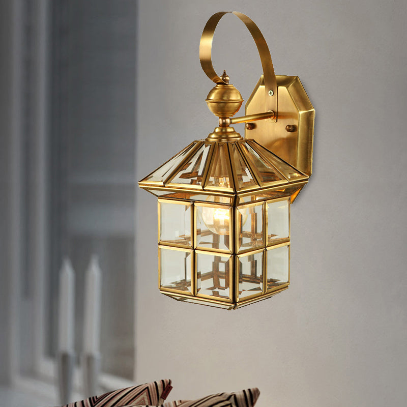 Brass House Sconce Light Traditionary Clear Glass 1 Bulb Wall Mounted Lamp for Balcony