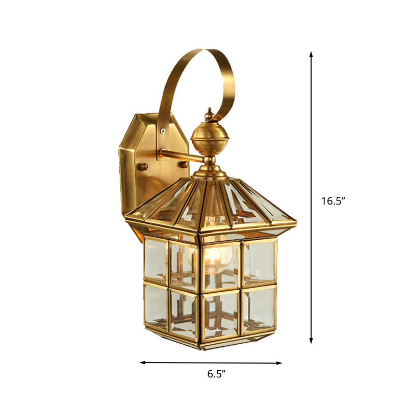 Brass House Sconce Light Traditionary Clear Glass 1 Bulb Wall Mounted Lamp for Balcony