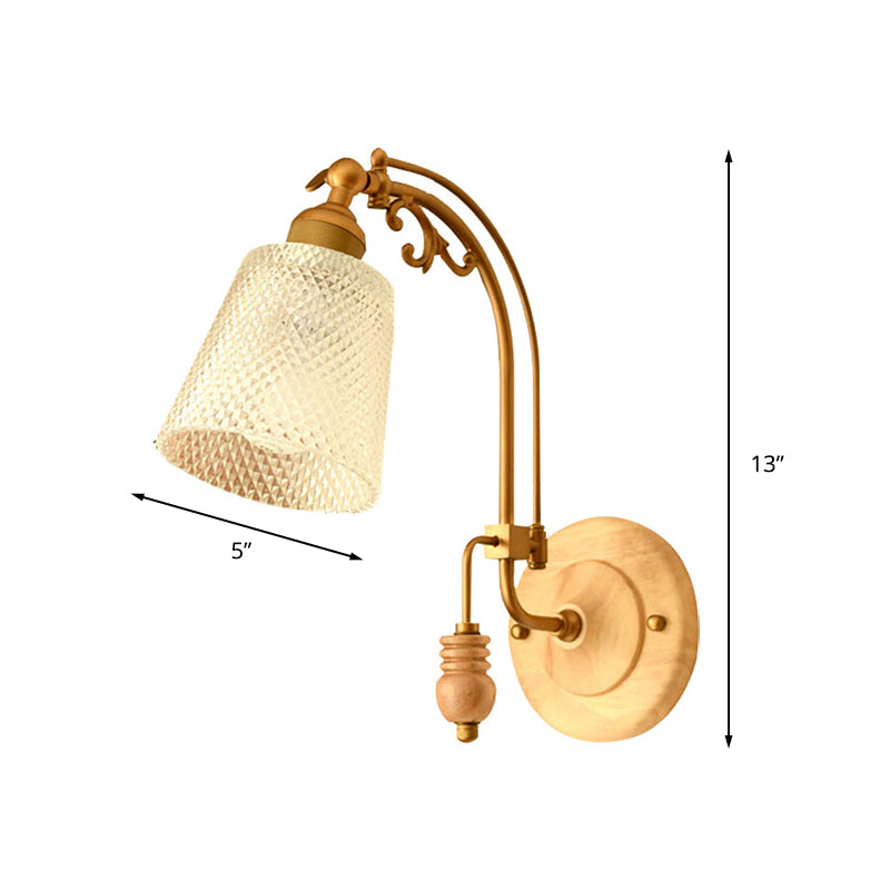 1 Bulb Cone Sconce Lamp Tradition Prismatic Glass Wall Lighting Fixture in Brass with Curved Arm