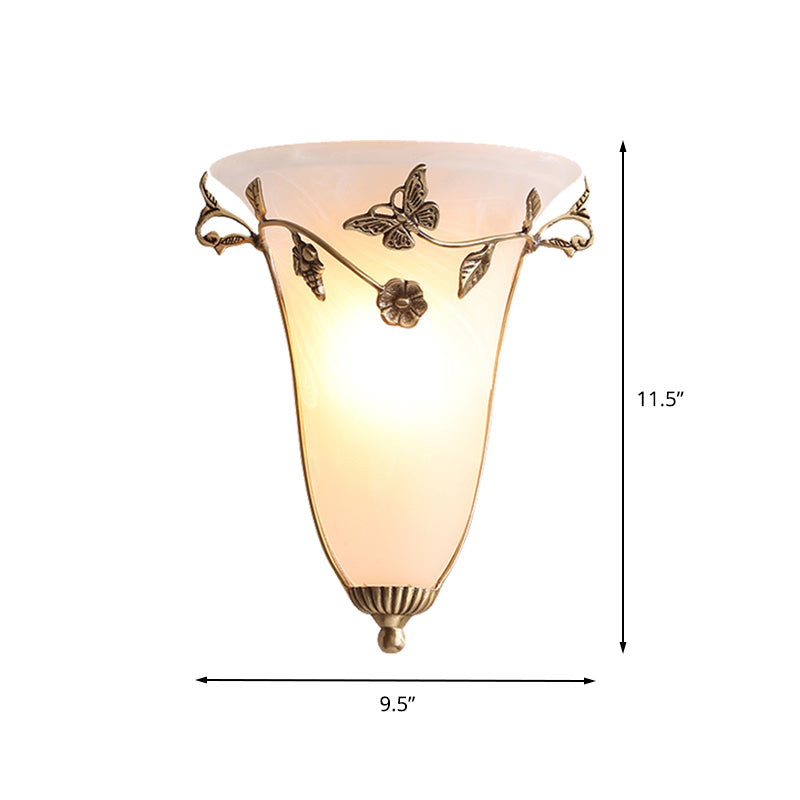 Lampe à cloche lampe traditionnelle verre blanc 1 bulbe en laiton applique luminaire avec papillon et fleur