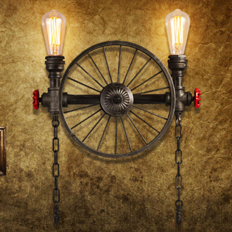 Black Wheel Wall Mounted Light Industrial Iron Garage Sconce Lamp with Decorative Chain and Valve