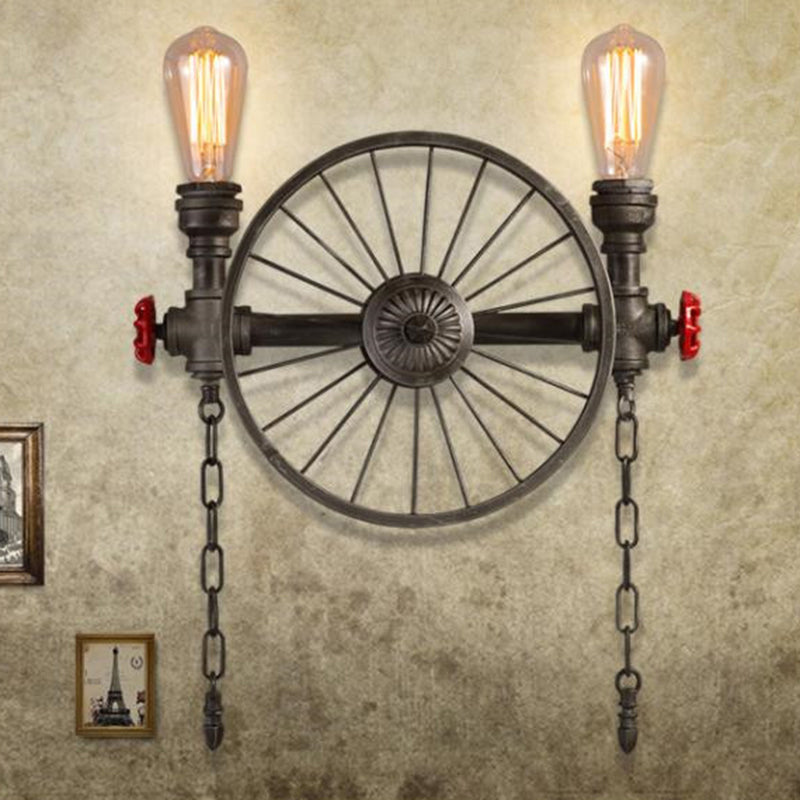 Black Wheel Wall Mounted Light Industrial Iron Garage Sconce Lamp with Decorative Chain and Valve