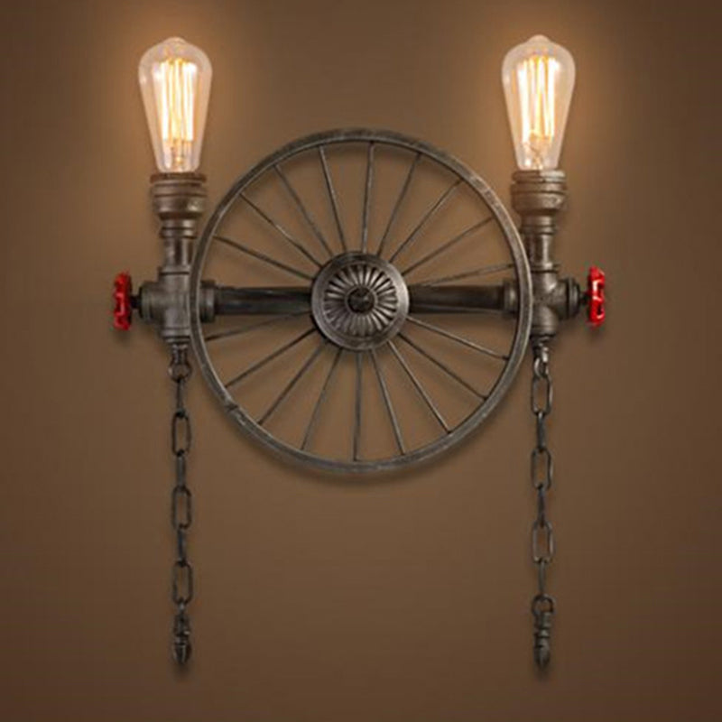 Black Wheel Wall Mounted Light Industrial Iron Garage Sconce Lamp with Decorative Chain and Valve