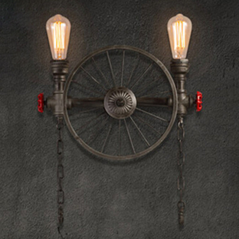 Black Wheel Wall Mounted Light Industrial Iron Garage Sconce Lamp with Decorative Chain and Valve