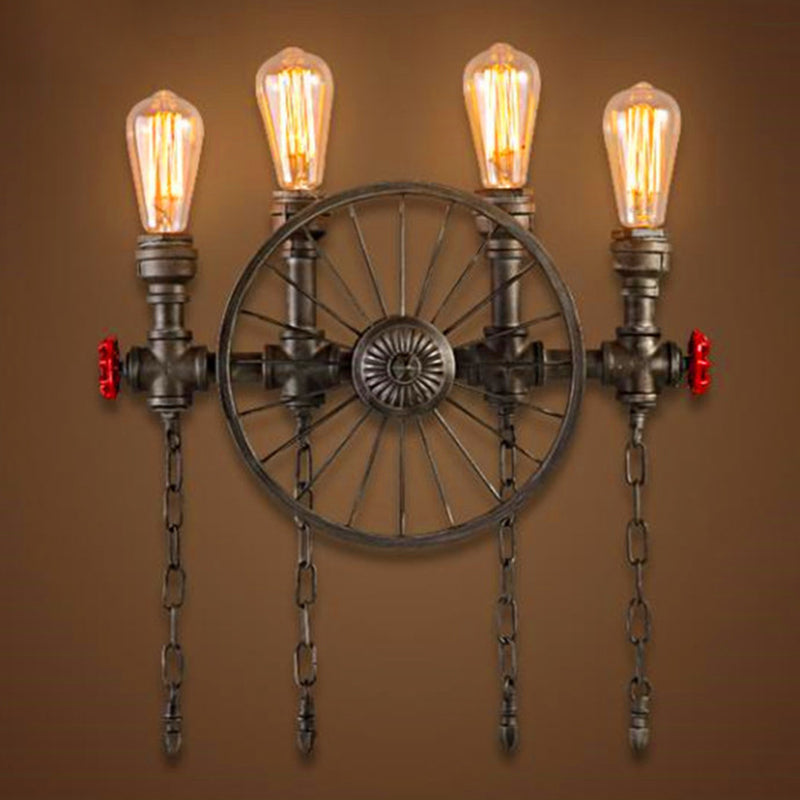 Black Wheel Wall Mounted Light Industrial Iron Garage Sconce Lamp with Decorative Chain and Valve