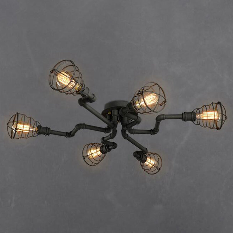 Iron Wire Cage Ceiling Lighting Industrial Entryway Semi Flush Mount Light in Black