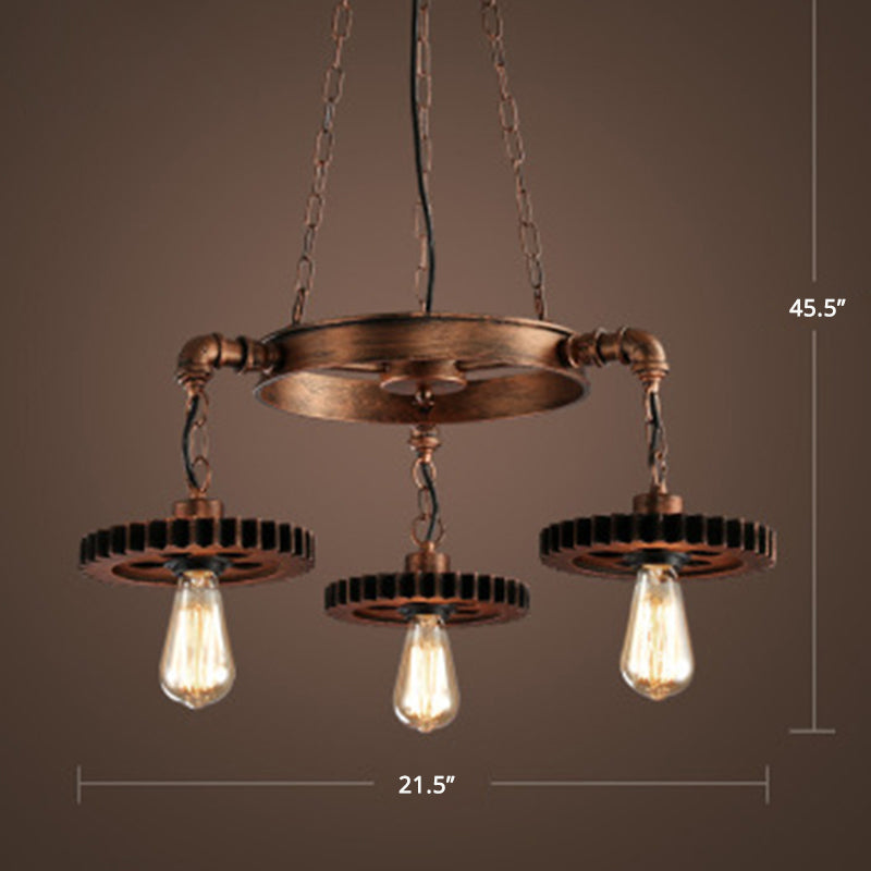 Bronze Finish Chandelier Factory Style Iron Bare Bulb Suspension Light with Gear and Wheel Deco