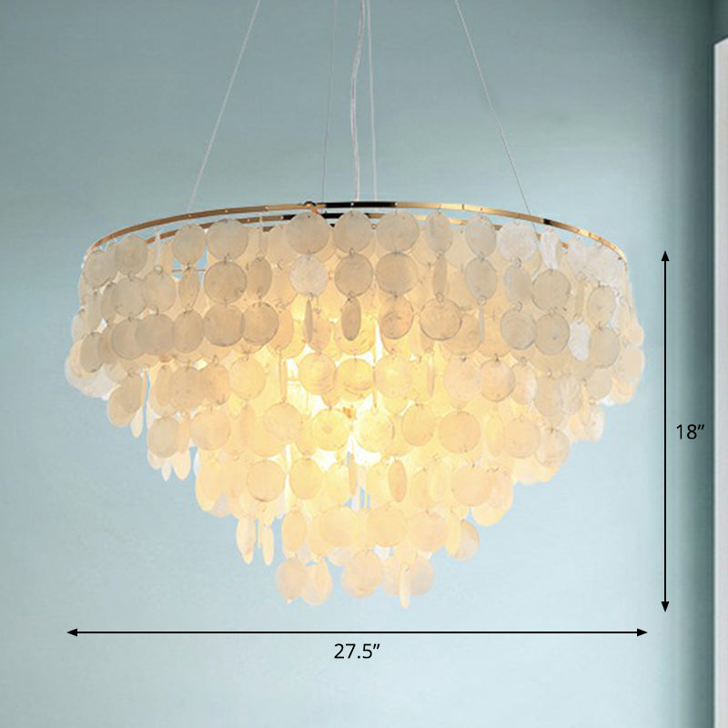 French Country Conical Pendant Lamp Natural Shell Chandelier Light Fixture in Gold