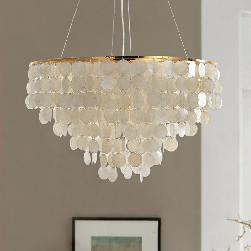 French Country Conical Pendant Lamp Natural Shell Chandelier Light Fixture in Gold