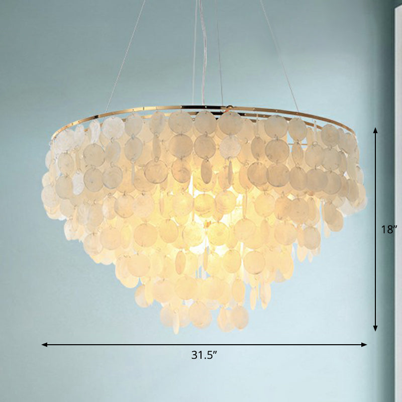 French Country Conical Pendant Lamp Natural Shell Chandelier Light Fixture in Gold