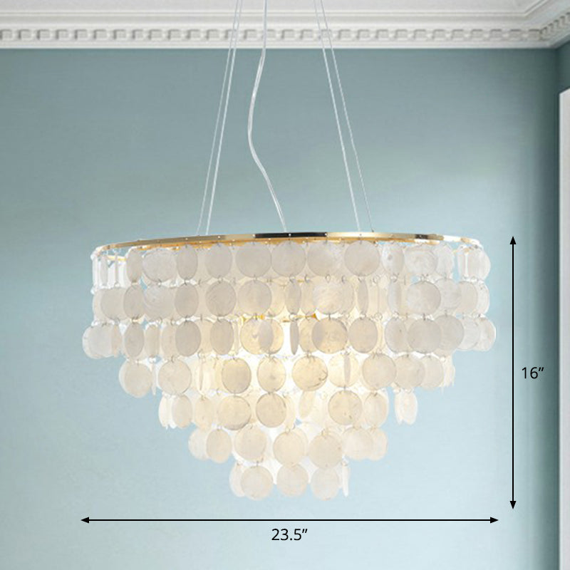 French Country Conical Pendant Lamp Natural Shell Chandelier Light Fixture in Gold
