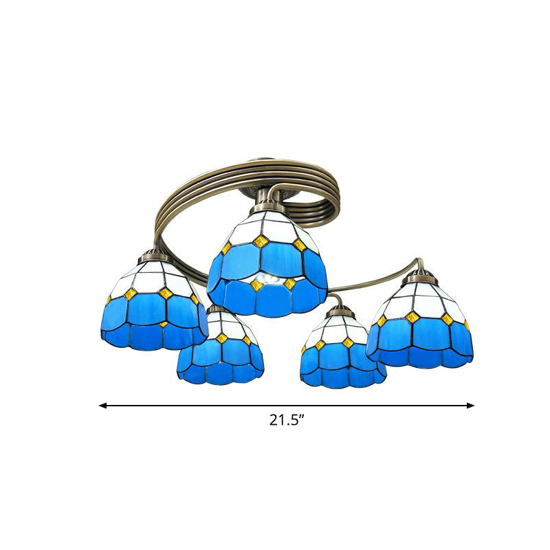 Mediterranean Spiral Ceiling Light Metal Semi Flush Mount Light with Stained Glass Shade