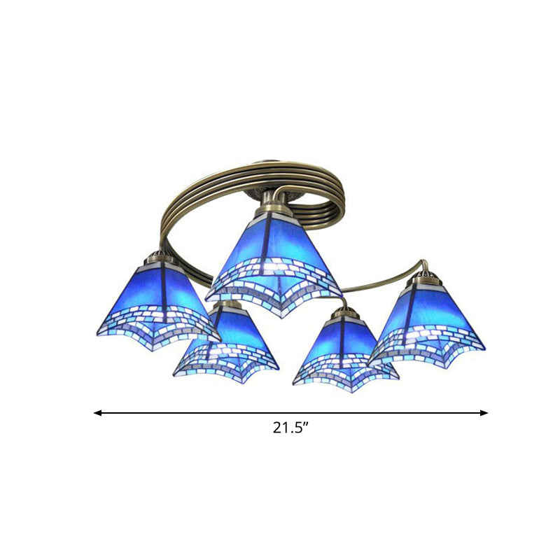 Mediterranean Spiral Ceiling Light Metal Semi Flush Mount Light with Stained Glass Shade