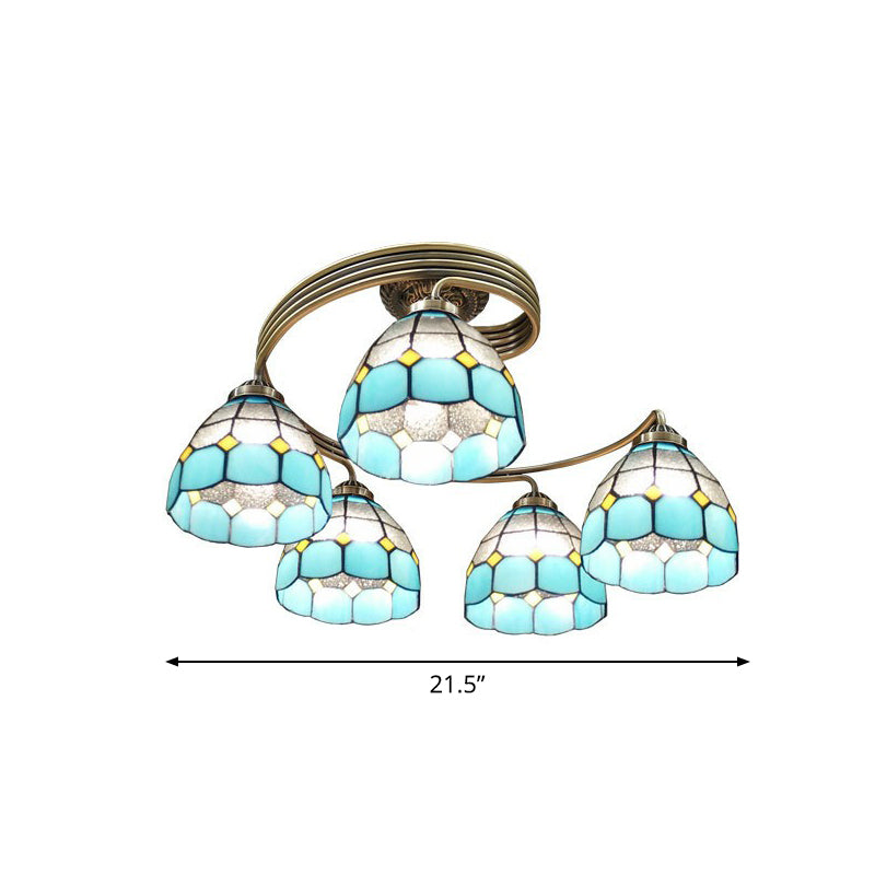 Mediterranean Spiral Ceiling Light Metal Semi Flush Mount Light with Stained Glass Shade