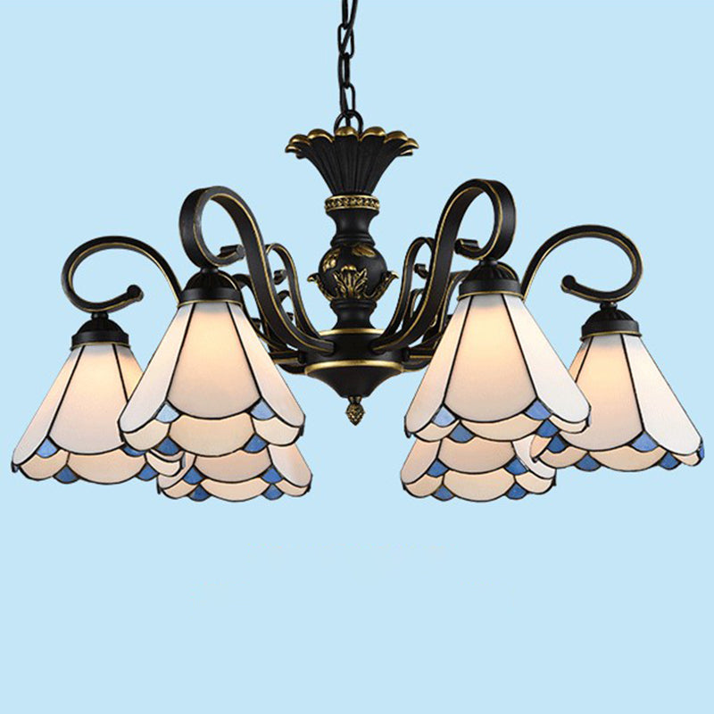 6 têtes CHANDELER DE LA LAMPE DE PROSDE CONICAL MEDITRANANIEN AVEC ARGET SCALLOPED