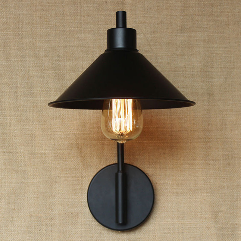 Conical Bedside Reading Light Retro Metal 1-Light Black Wall Mounted Lamp with Rolled Edge