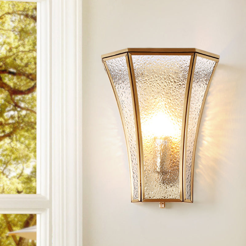 1 Bulb Flared Sconce Lamp Tradition Textured Glass Wall Lighting Fixture in Brass with Stairway