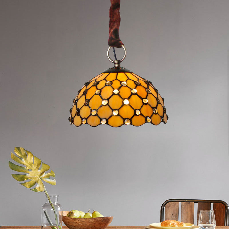 Beige Bowl Suspension Lamp Tiffany 1-Bulb Cut Glass Ceiling Light Fixture with Jewel Deco