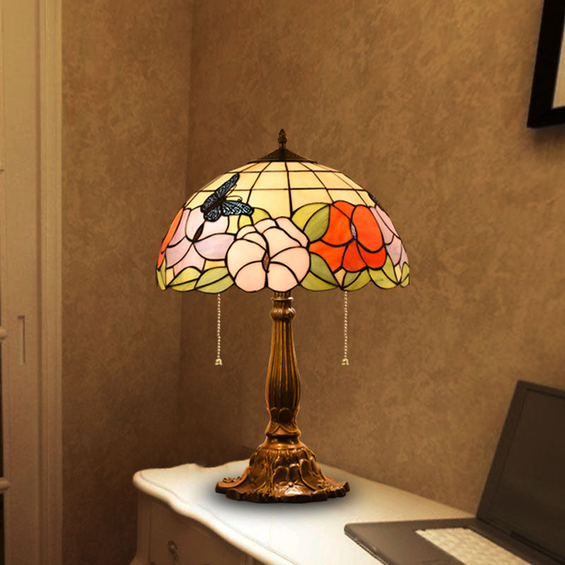 Lampada notturna in bronzo in bronzo in vetro colorato emisferico a 2 teste Light da tavolo con catena a trazione