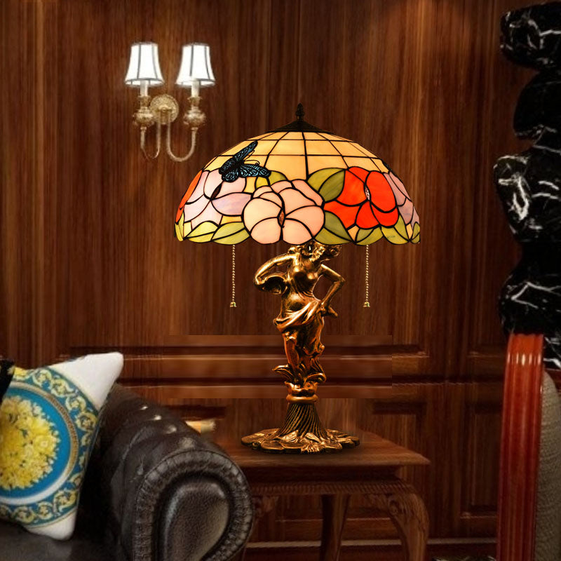 Lampada notturna in bronzo in bronzo in vetro colorato emisferico a 2 teste Light da tavolo con catena a trazione