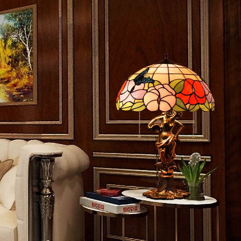 Lampada notturna in bronzo in bronzo in vetro colorato emisferico a 2 teste Light da tavolo con catena a trazione