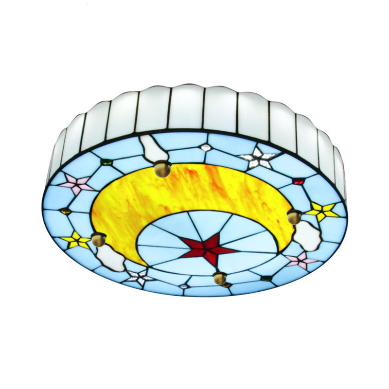Hand-Crafted Glass Blue Ceiling Lamp Round Baroque Flush Mount Light Fixture for Bedroom