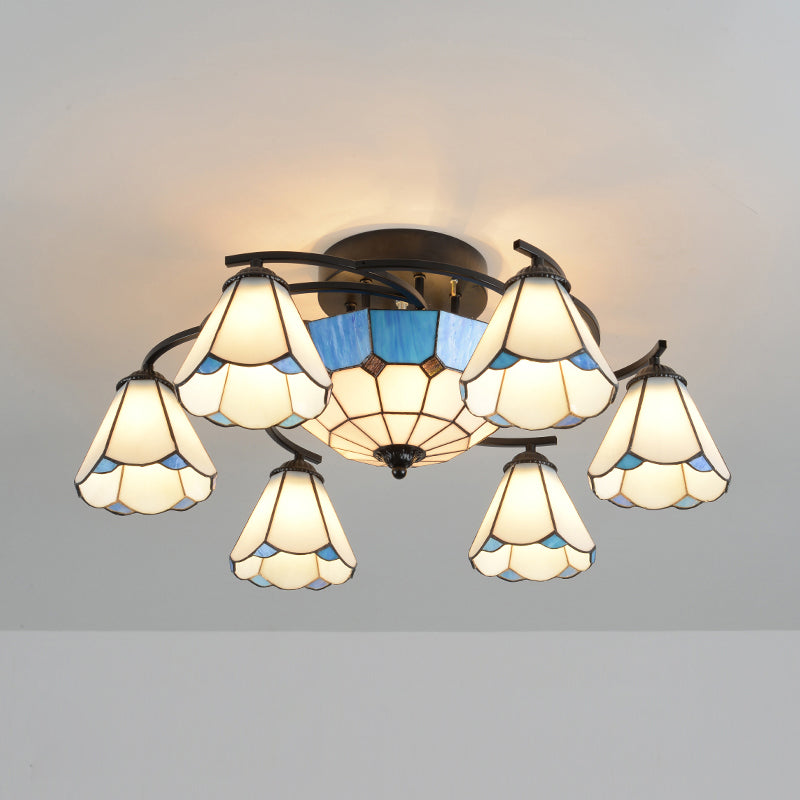 Mediterraan Bloemplafond Flush Licht bevlekte kunstglas Semi Montage verlichting voor slaapkamer