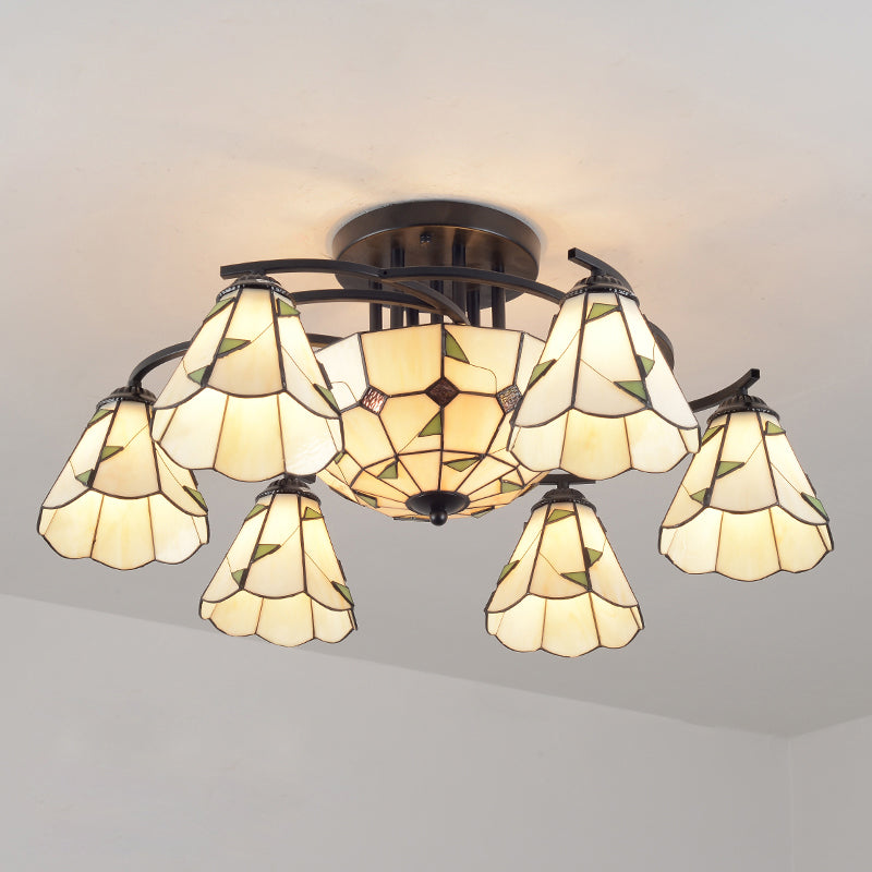 Mediterraan Bloemplafond Flush Licht bevlekte kunstglas Semi Montage verlichting voor slaapkamer