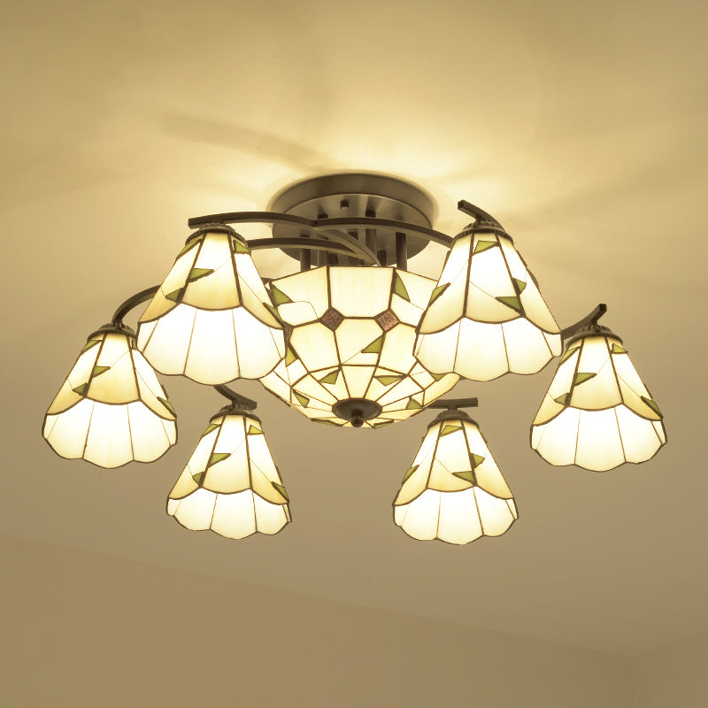 Mediterraan Bloemplafond Flush Licht bevlekte kunstglas Semi Montage verlichting voor slaapkamer
