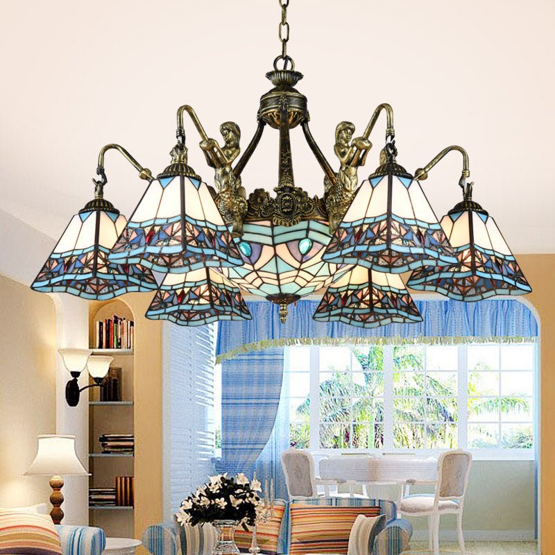 Candelier de techo piramidal Vidroma manchado de estilo Tiffany Luz colgante con sirena deco en bronce
