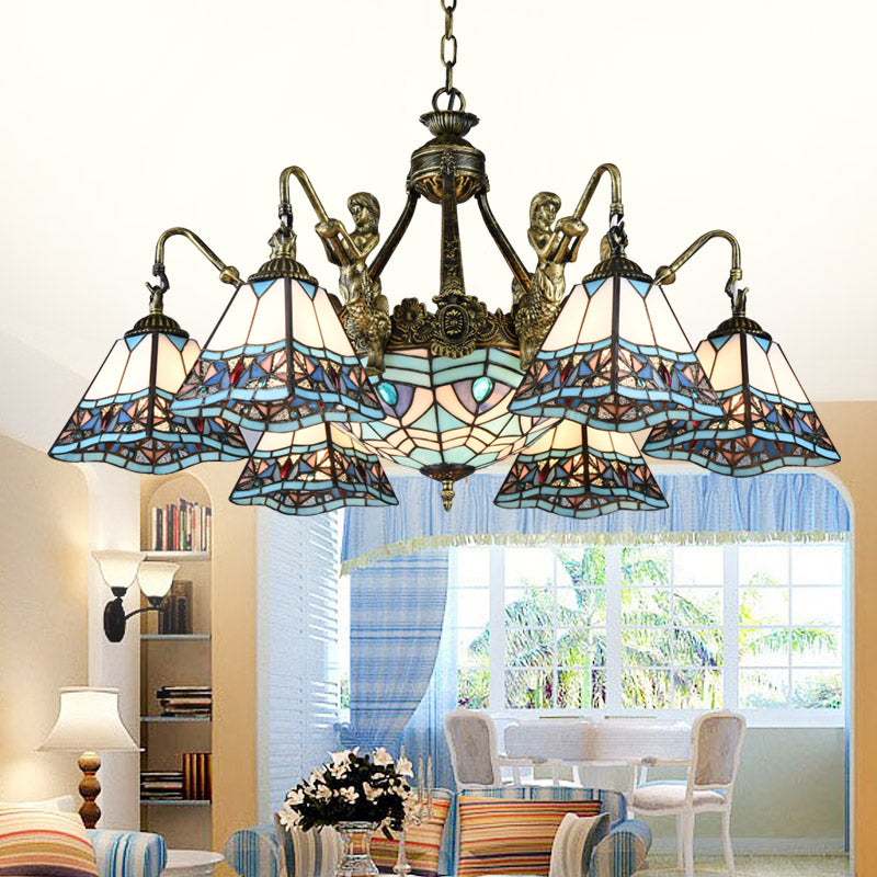 Candelier de techo piramidal Vidroma manchado de estilo Tiffany Luz colgante con sirena deco en bronce