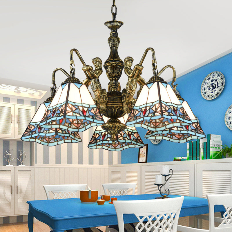 Candelier de techo piramidal Vidroma manchado de estilo Tiffany Luz colgante con sirena deco en bronce