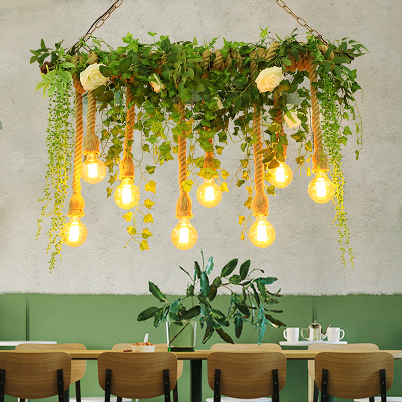 Green Island Light Fixture Rustic Wooden Linear Suspension Lamp with Decorative Vines and Rose