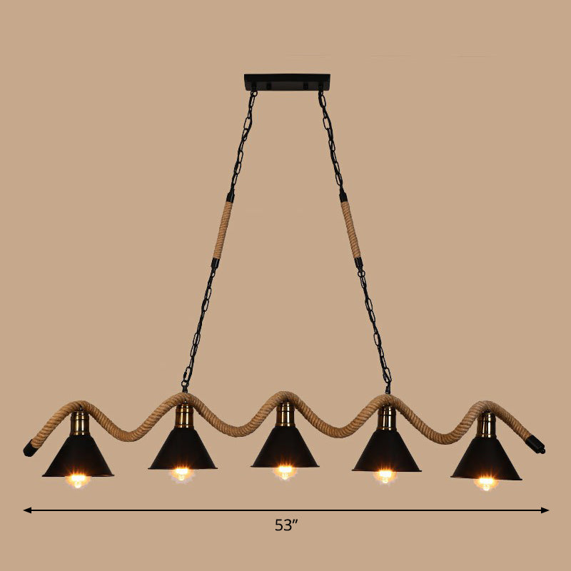Matte Black Cone Island Lighting Industrial Metal Cafe Bar Hanging Light with Twisted Rope