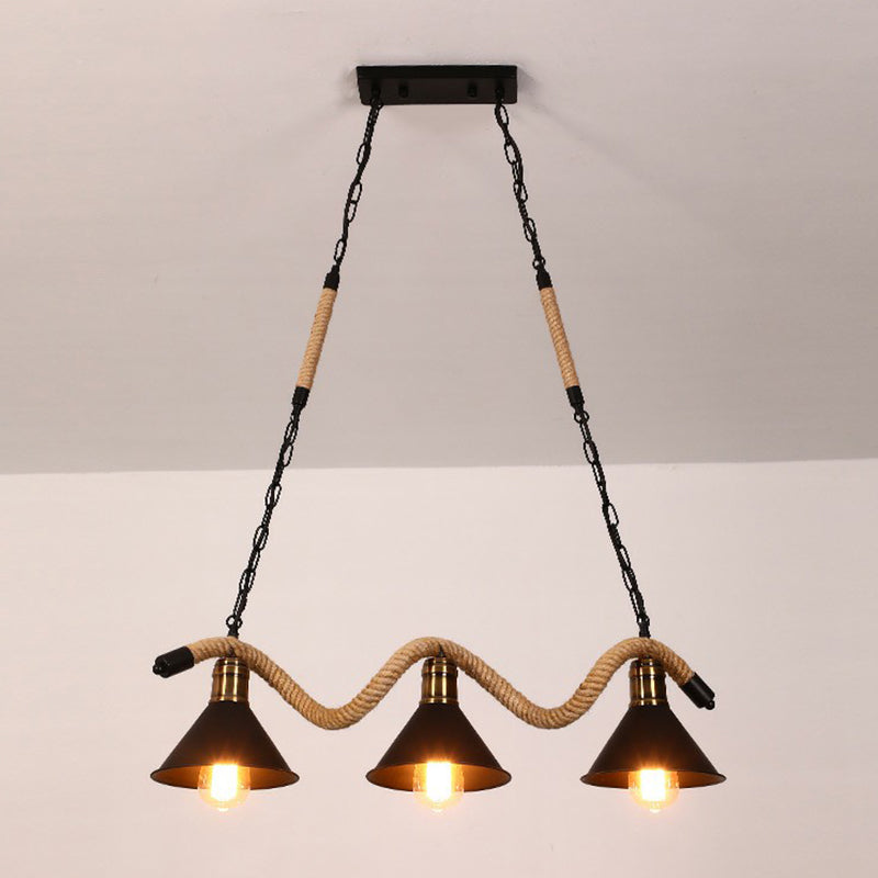 Matte Black Cone Island Lighting Industrial Metal Cafe Bar Hanging Light with Twisted Rope