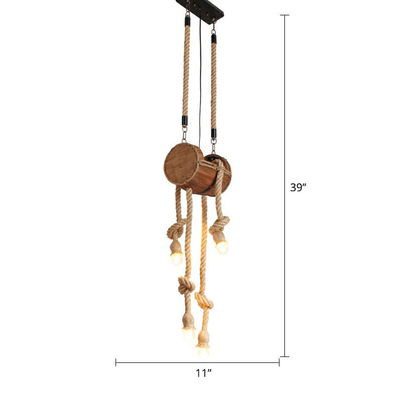 Naked Bulb Roped Pendant Light Fixture Rustic Restaurant Suspension Lamp in Light Brown