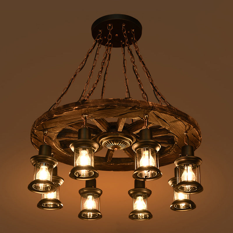 Wooden Wagon Wheel Chandelier Nautical 8-Bulb Dining Room Pendant Light Fixture with Lantern in Brown