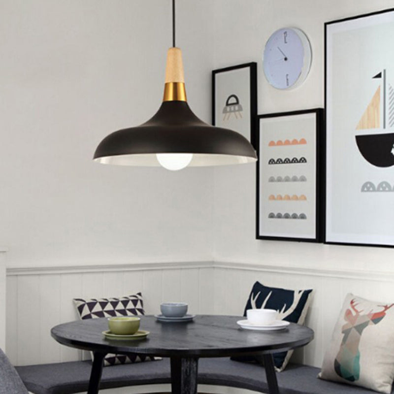 Nordic Pot-Lid Suspension Lighting Metallic Single Dining Room Drop Pendant with Wood Top
