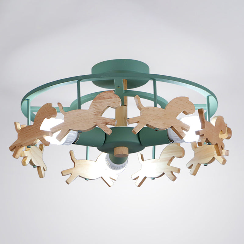 Merry-Go-Round Kindergarten Ceiling Lamp Wooden 3-Head Kids Semi Flush Mount Light