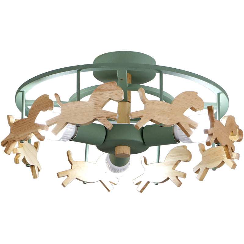 Merry-Go-Round Kindergarten Ceiling Lamp Wooden 3-Head Kids Semi Flush Mount Light