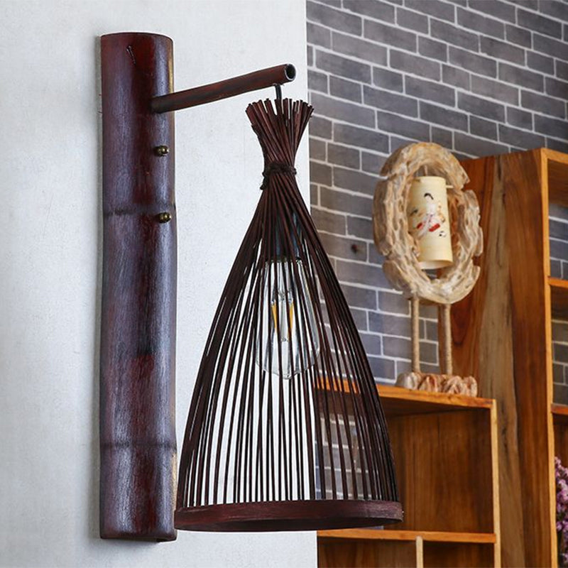 Dark Brown Conic Wall Lamp Fixture Asia 1 Head Bamboo Wall Mounted Light for Kitchen