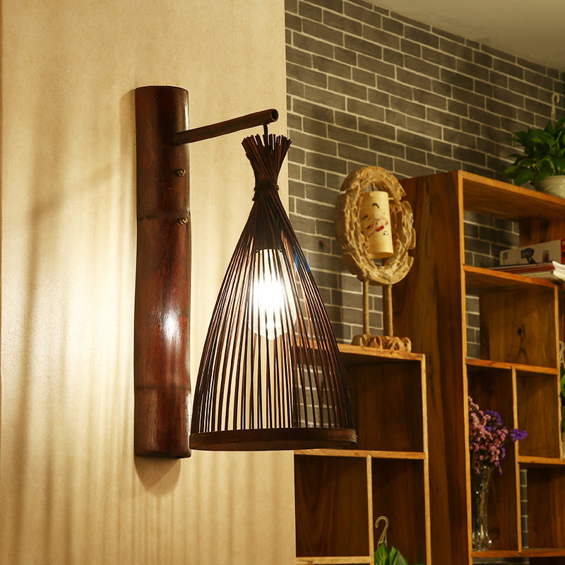 Dark Brown Conic Wall Lamp Fixture Asia 1 Head Bamboo Wall Mounted Light for Kitchen