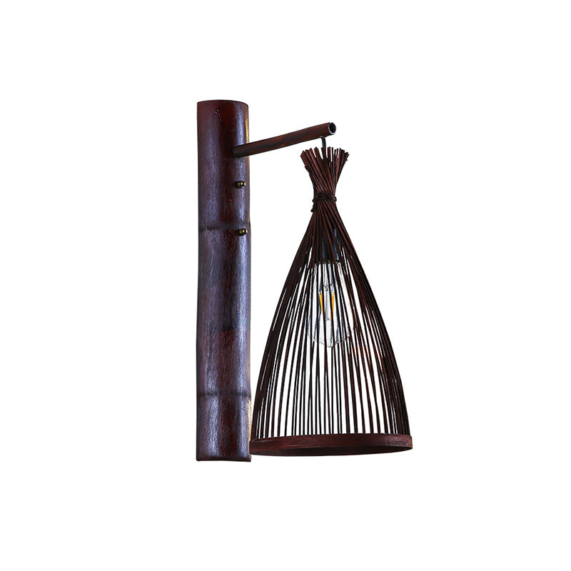 Dark Brown Conic Wall Lamp Fixture Asia 1 Head Bamboo Wall Mounted Light for Kitchen